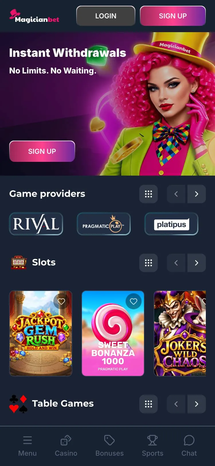 MagicianBet home page on mobile