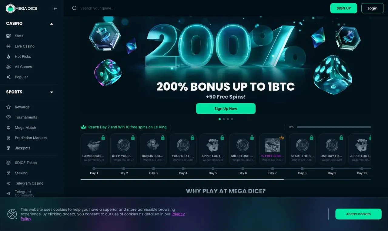 Mega Dice home page on desktop