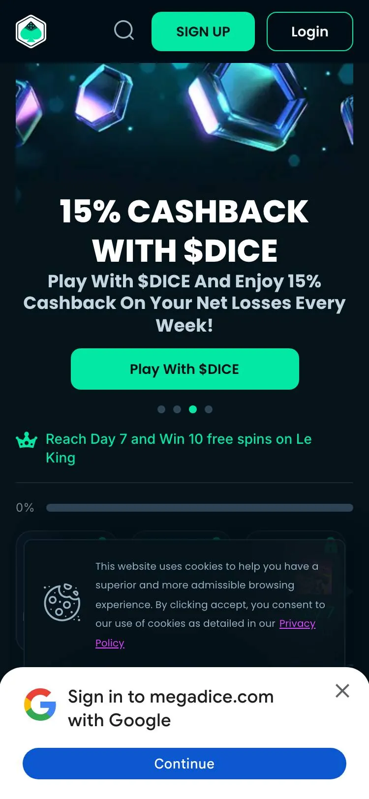 Mega Dice home page on mobile