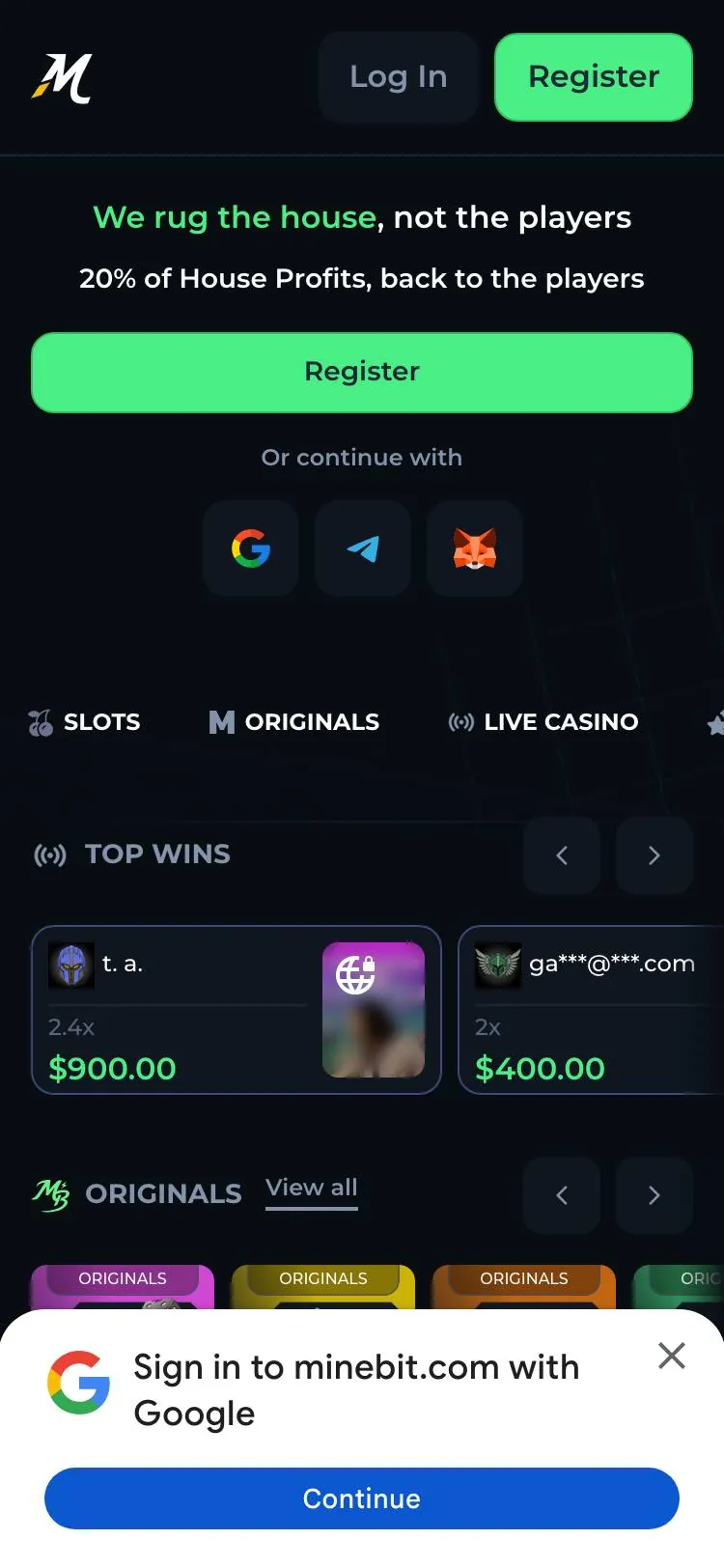 MineBit home page on mobile