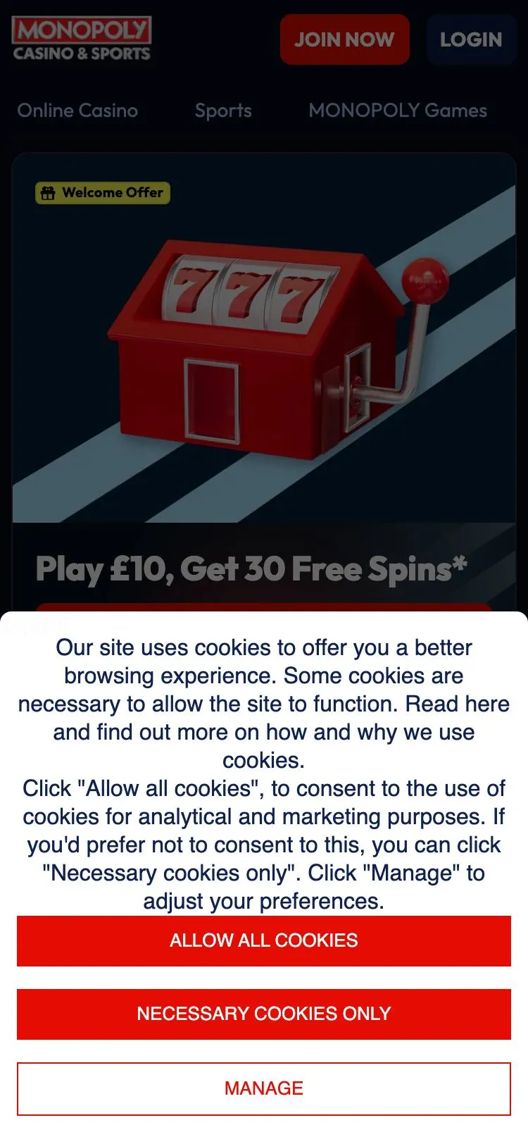 MONOPOLY Casino home page on mobile