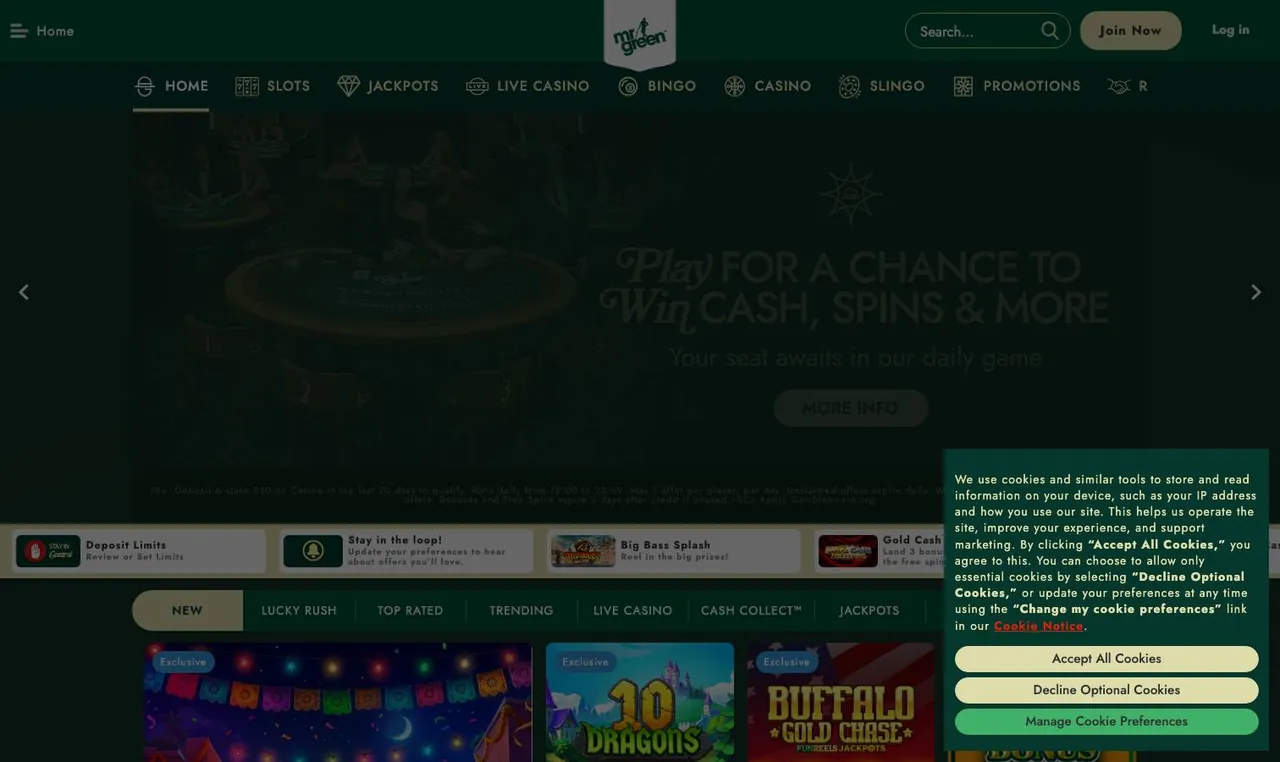 Mr Green home page on desktop