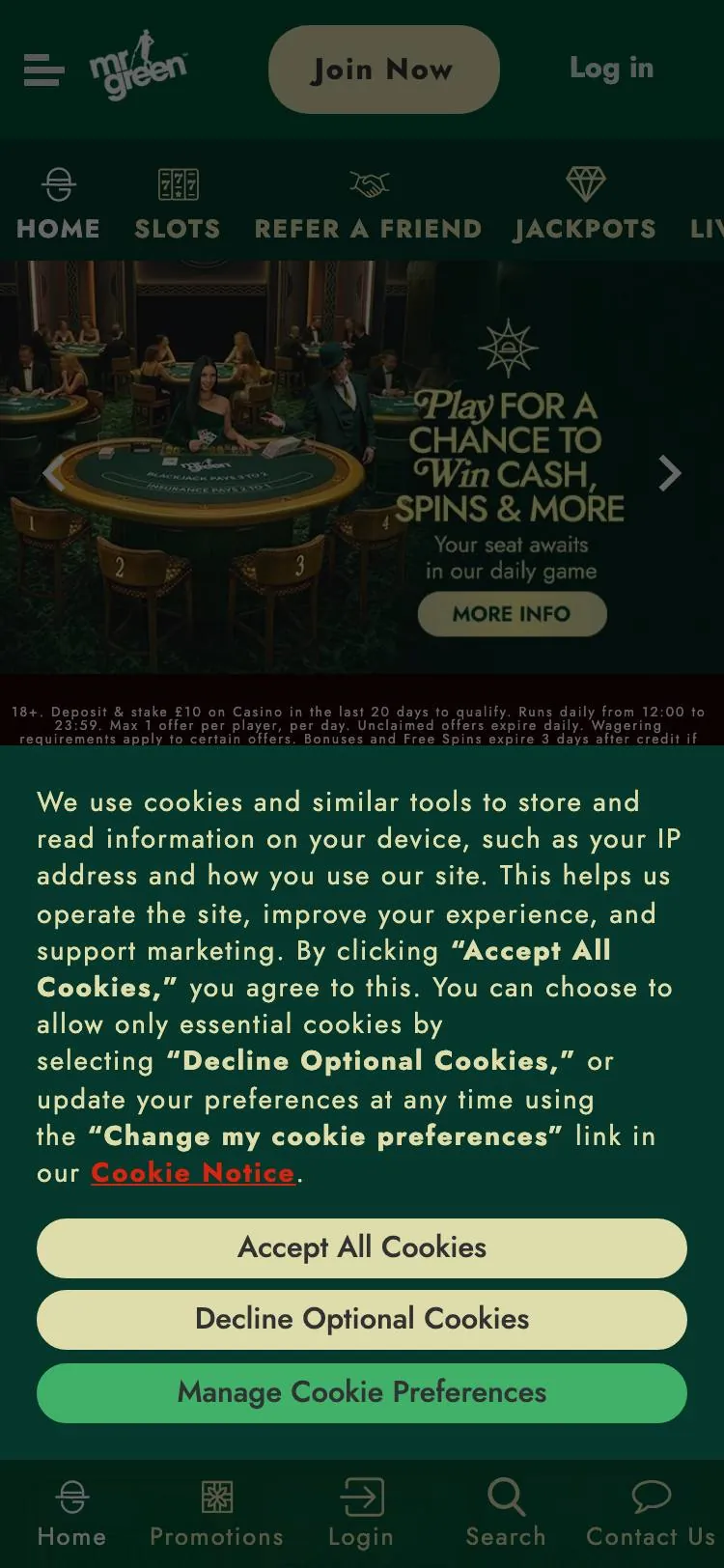 Mr Green home page on mobile