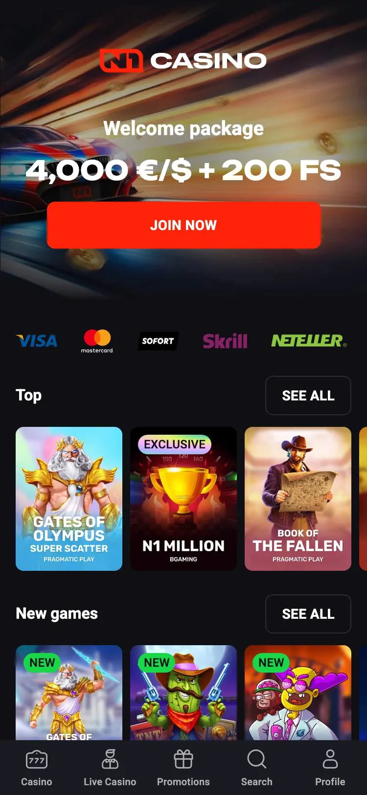 N1 Casino home page on mobile
