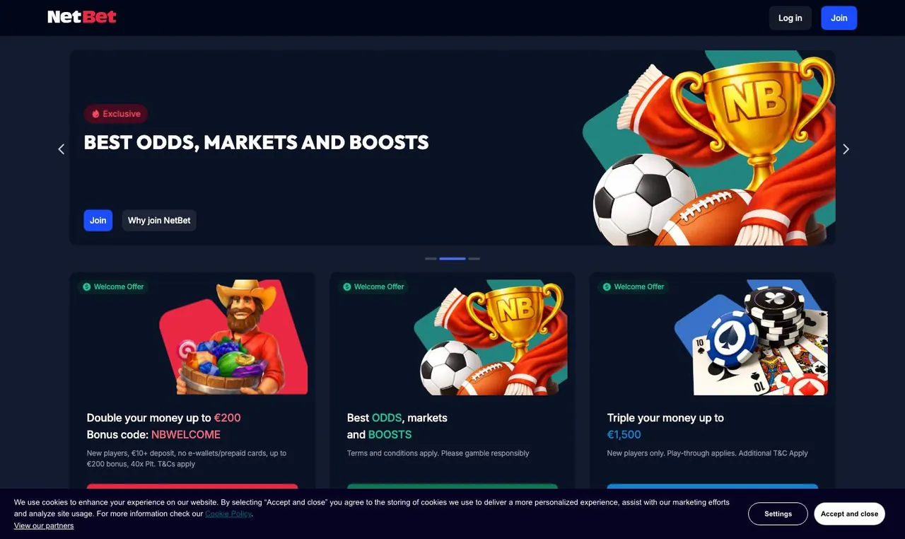 NetBet home page on desktop