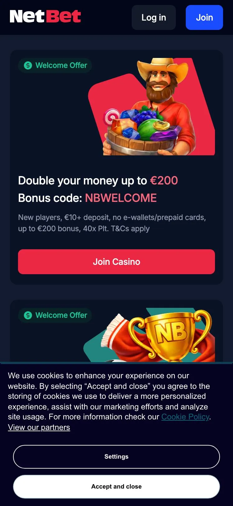 NetBet home page on mobile