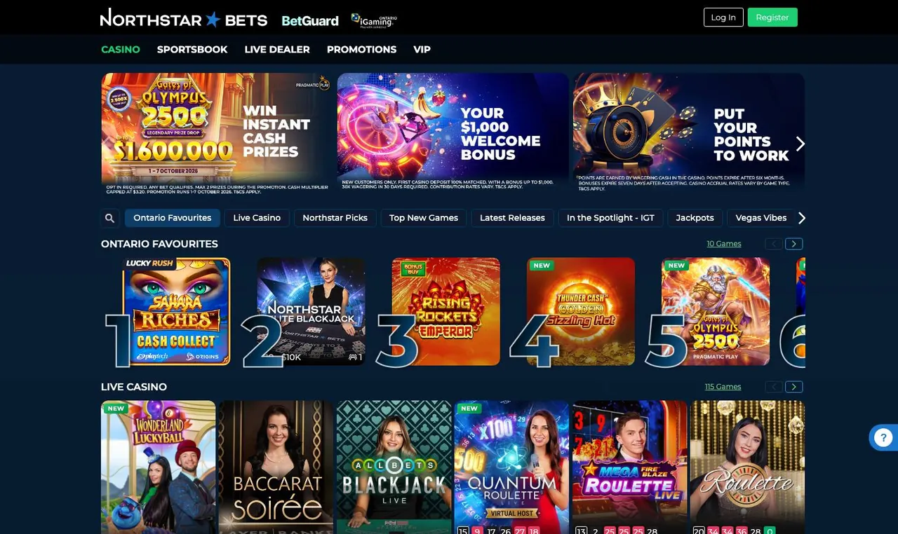 NorthStar Bets home page on desktop
