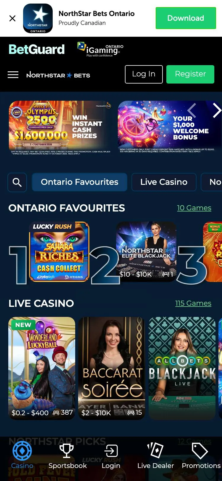 NorthStar Bets home page on mobile