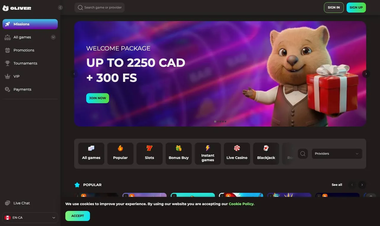 Oliver Casino home page on desktop