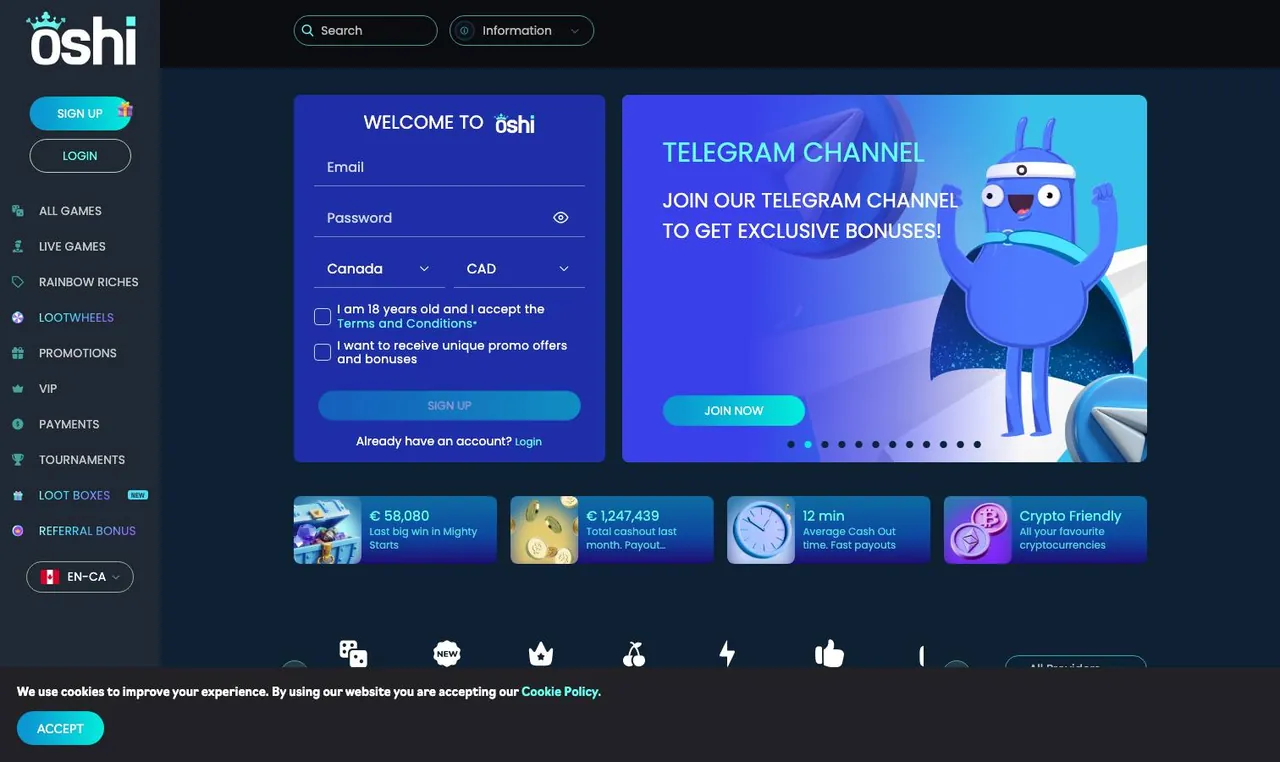 Oshi home page on desktop
