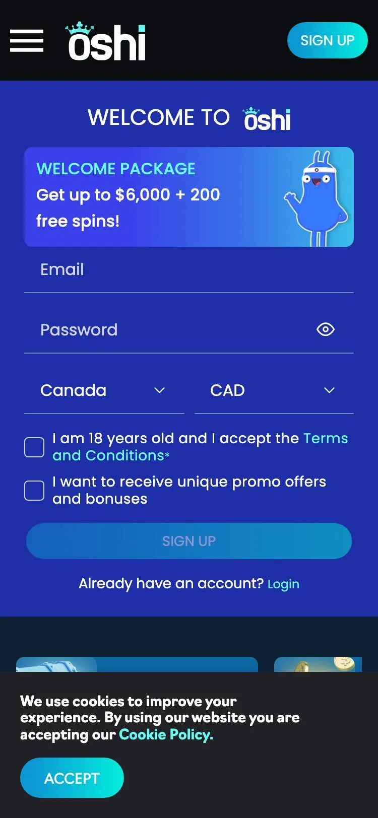 Oshi home page on mobile