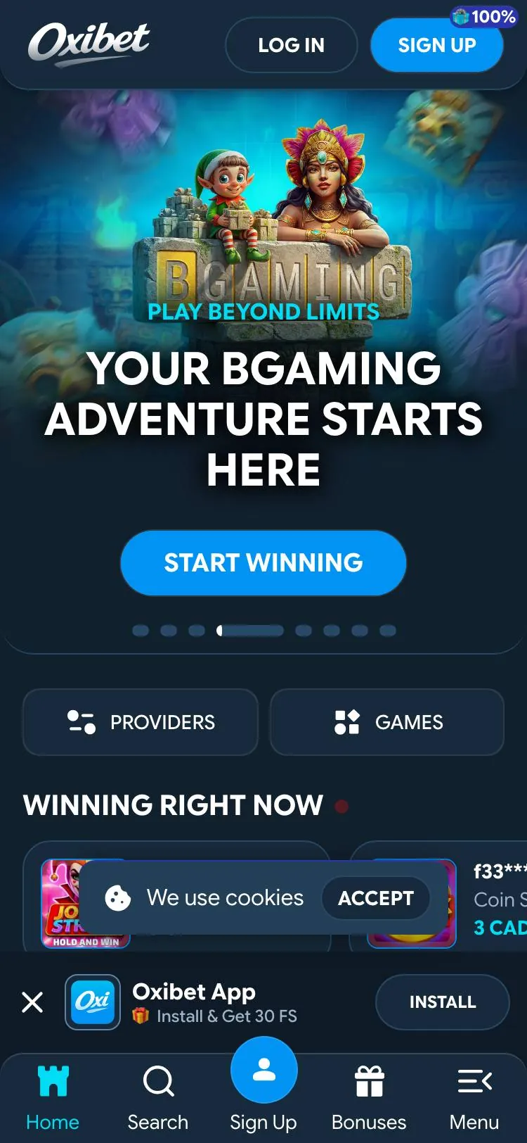 Oxibet home page on mobile