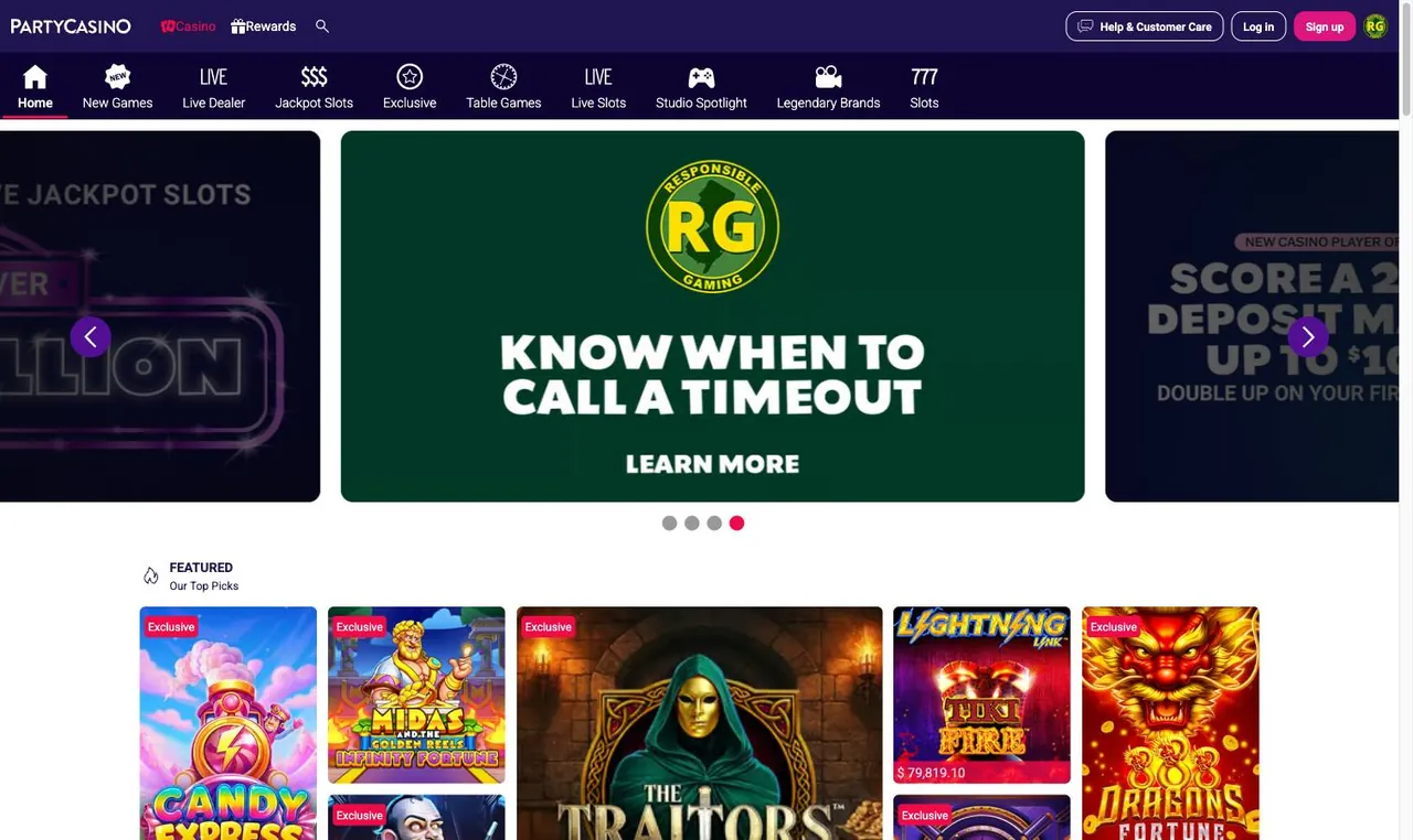 PartyCasino home page on desktop