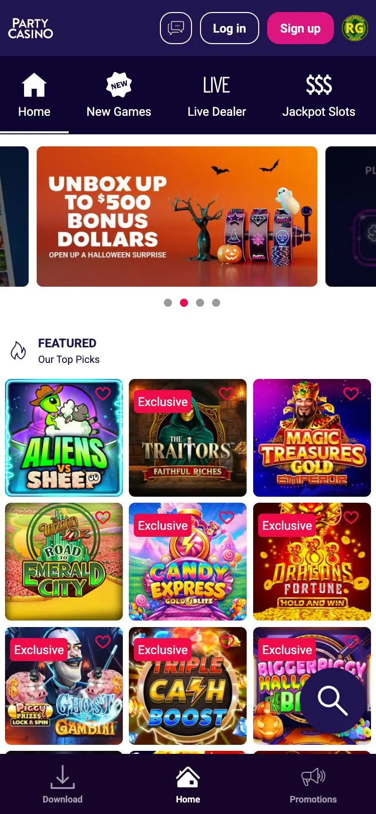 PartyCasino home page on mobile