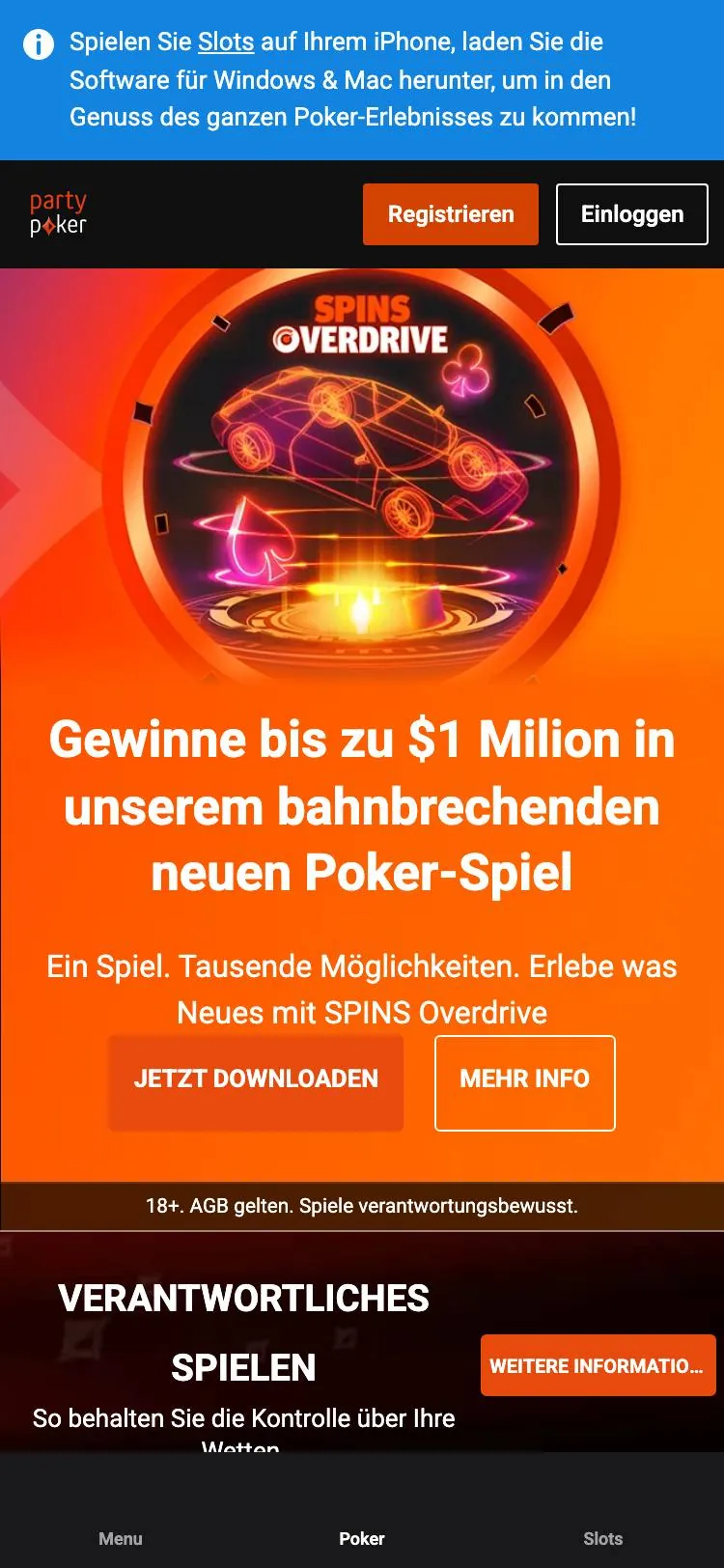 partypoker home page on mobile