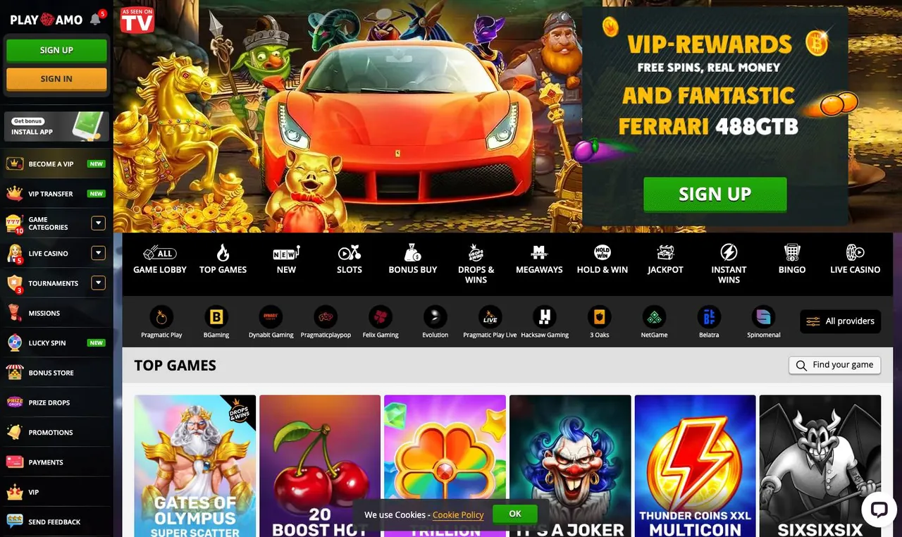 PlayAmo home page on desktop