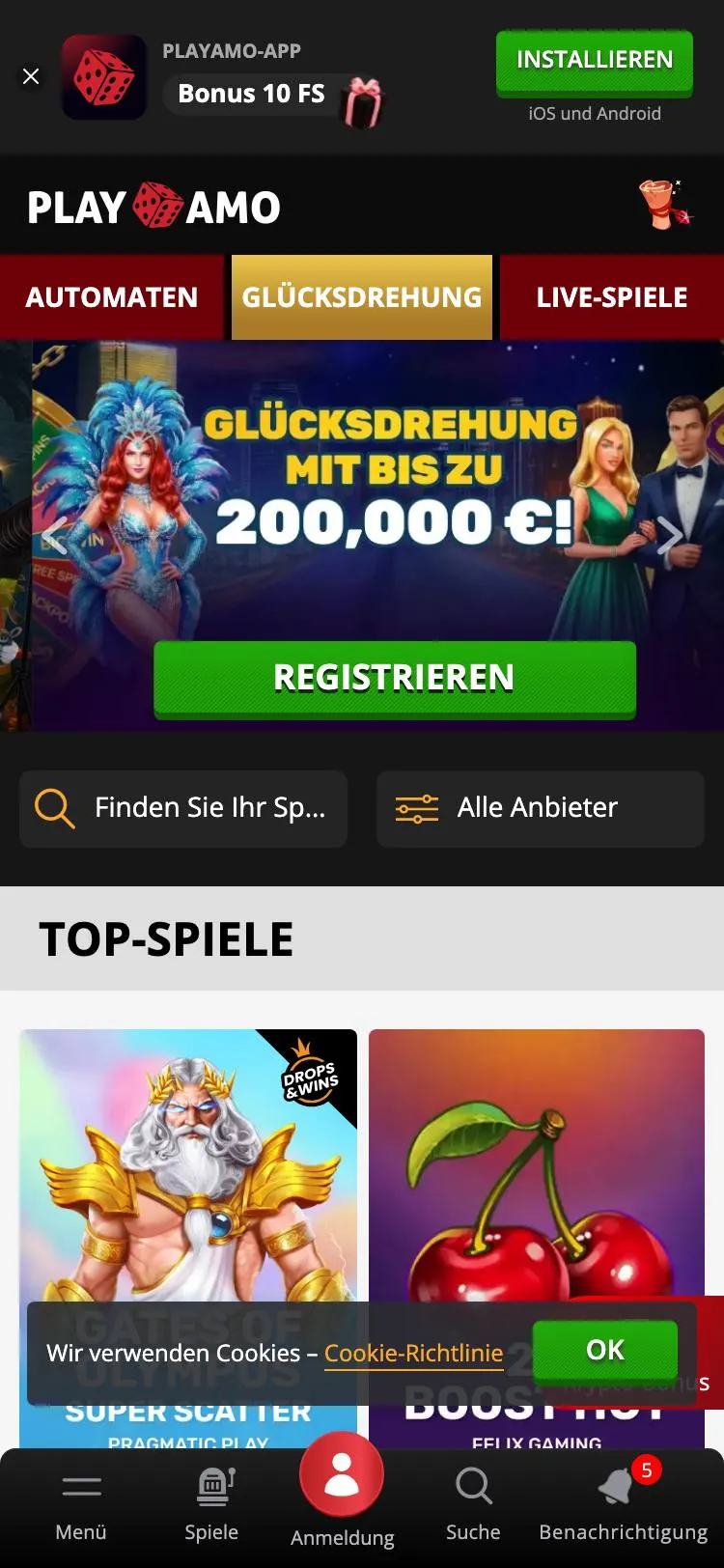 PlayAmo home page on mobile