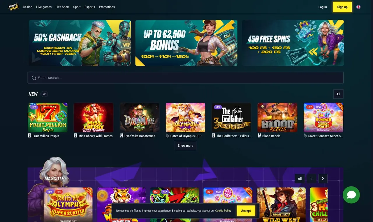 Playbaze home page on desktop