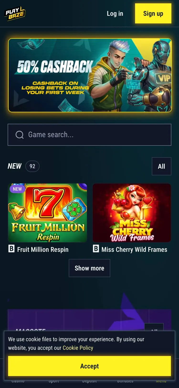 Playbaze home page on mobile
