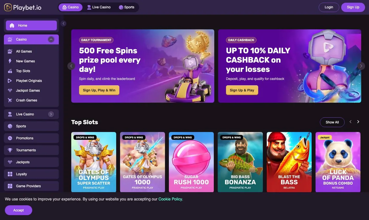 Playbet home page on desktop