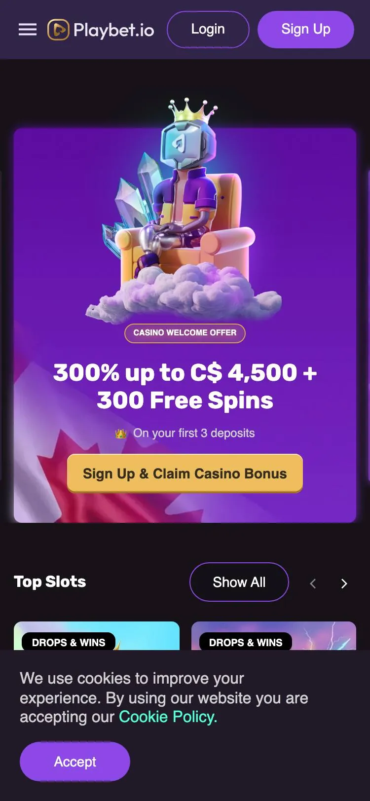 Playbet home page on mobile