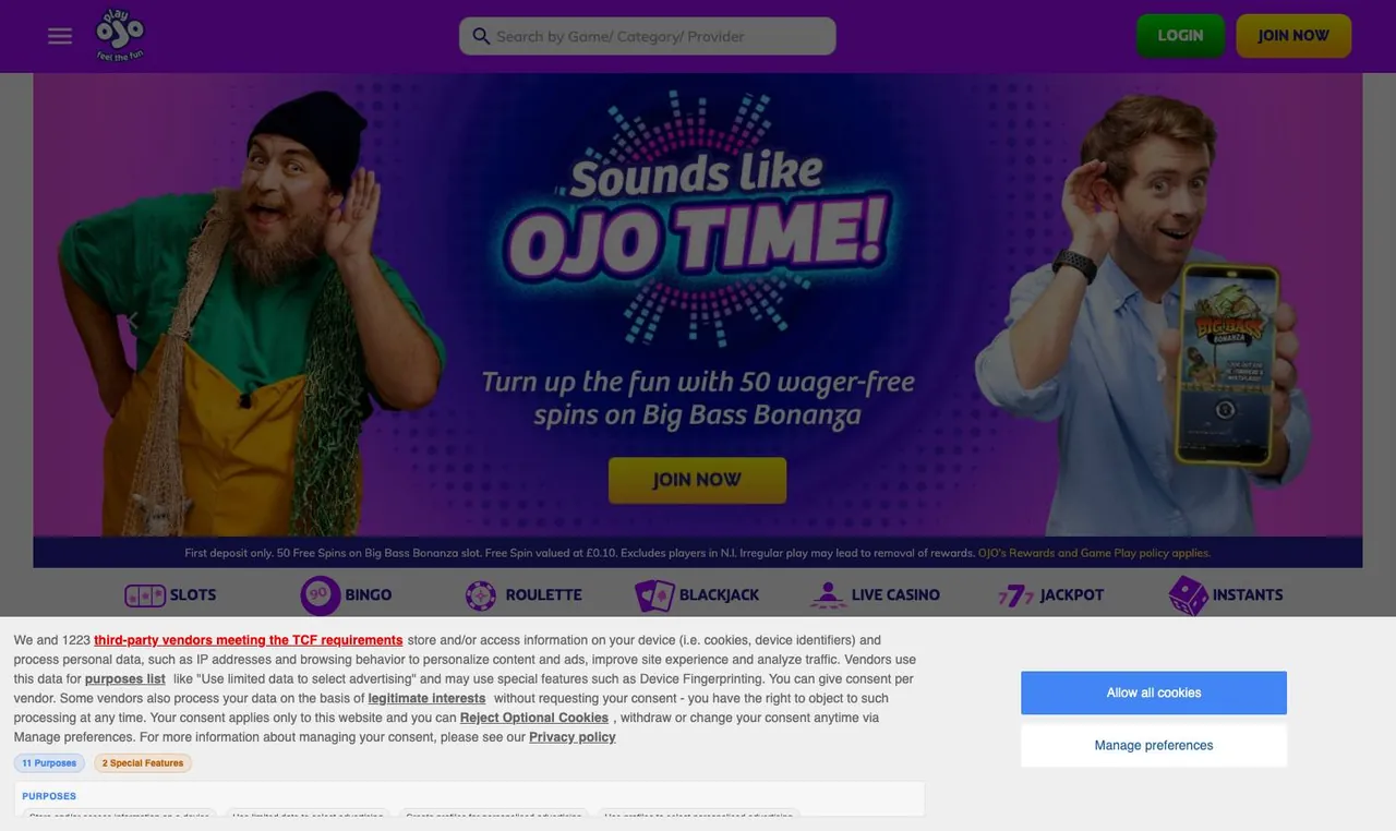 PlayOJO home page on desktop