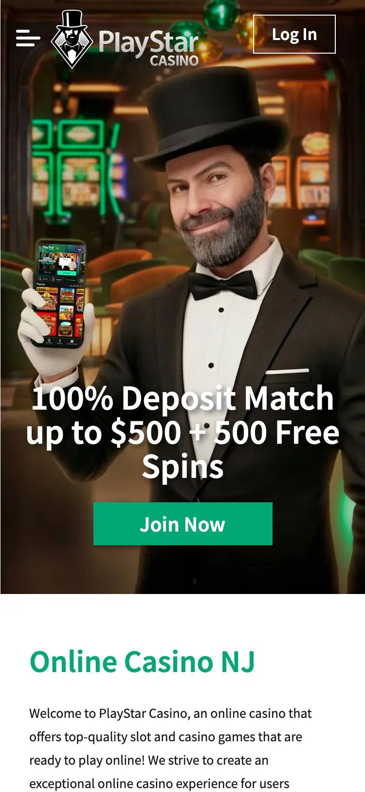 PlayStar Casino home page on mobile