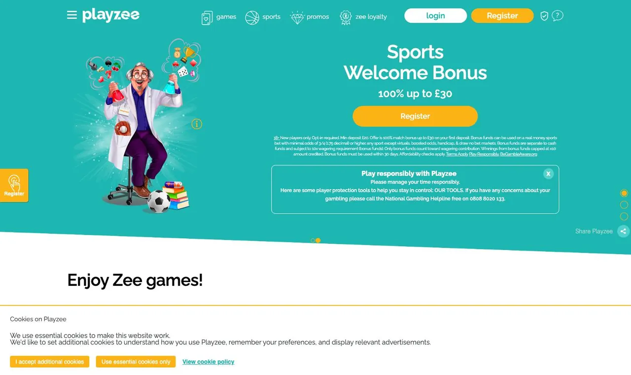 Playzee home page on desktop