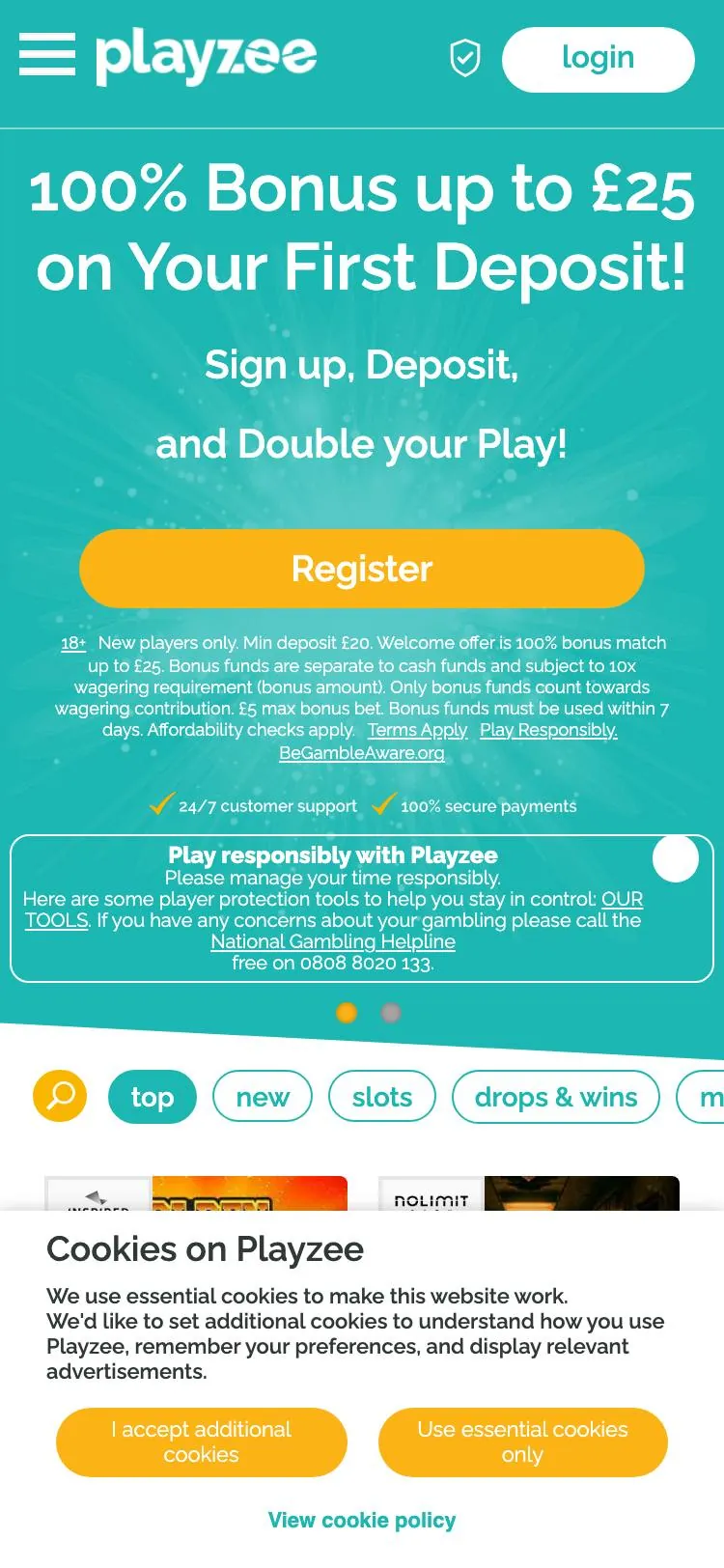 Playzee home page on mobile