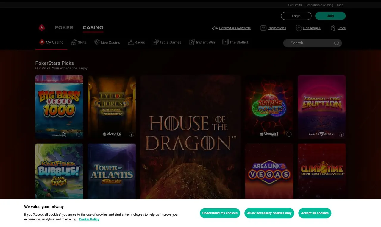 PokerStars Casino home page on desktop