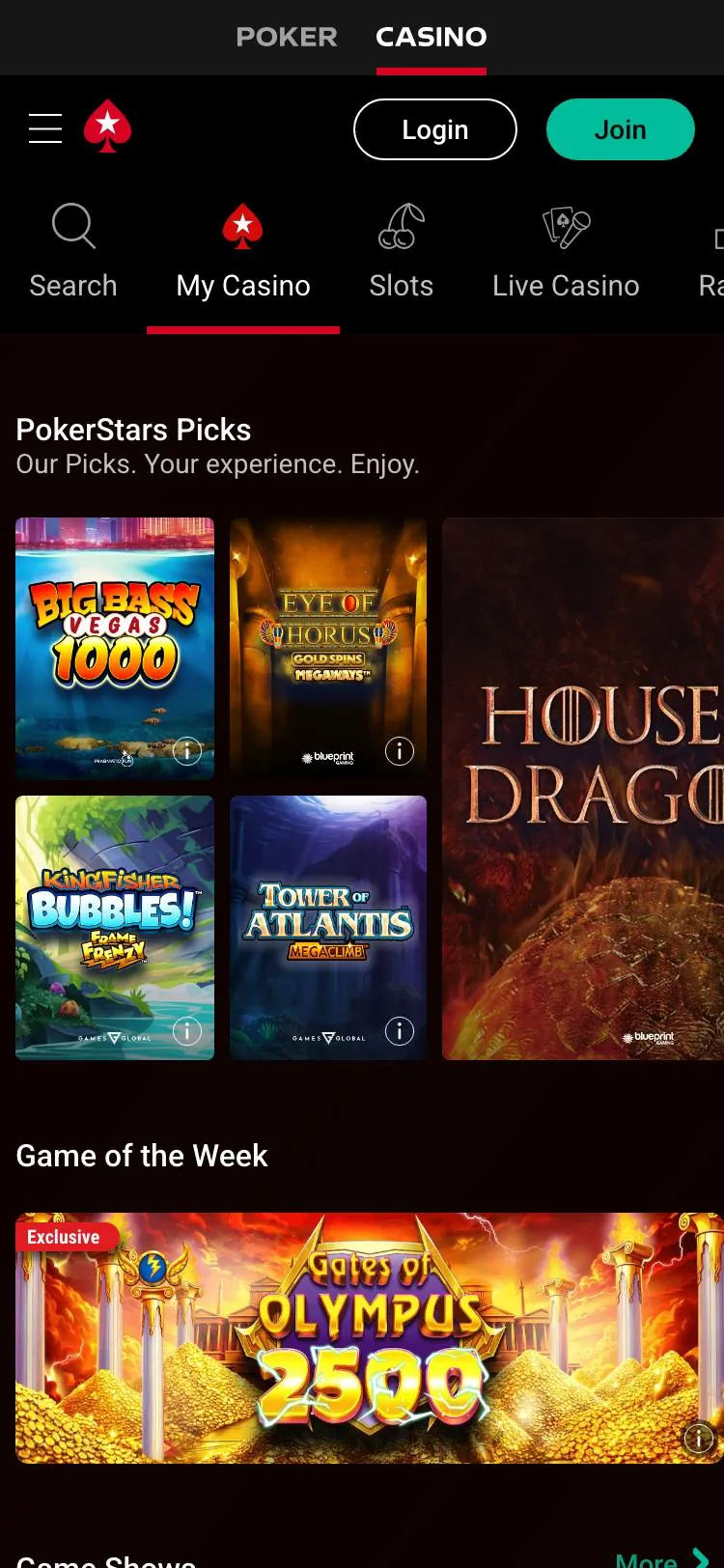 PokerStars Casino home page on mobile