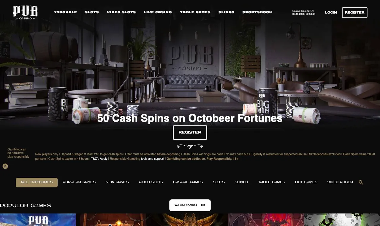 Pub Casino home page on desktop