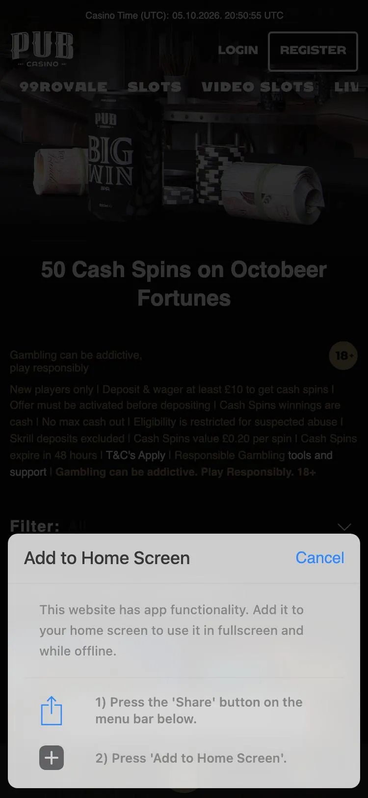Pub Casino home page on mobile