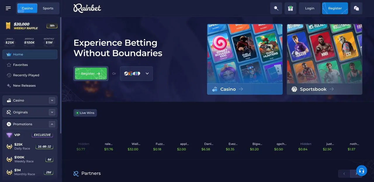 Rainbet home page on desktop