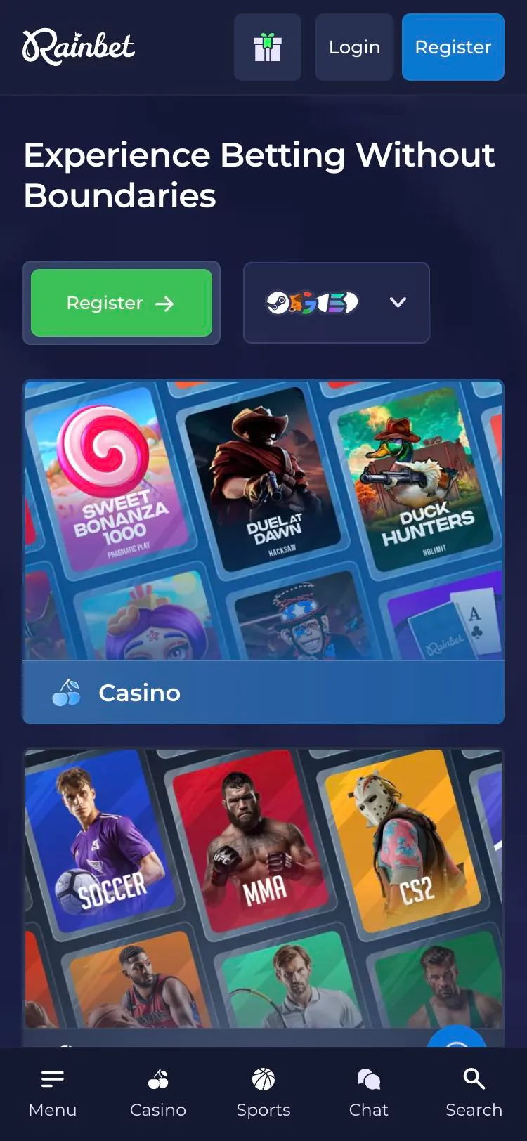 Rainbet home page on mobile