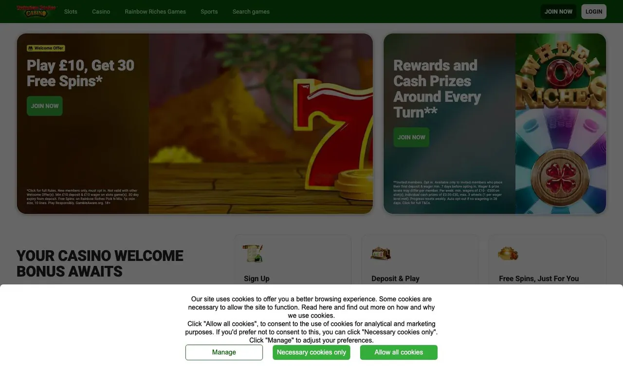 Rainbow Riches Casino home page on desktop
