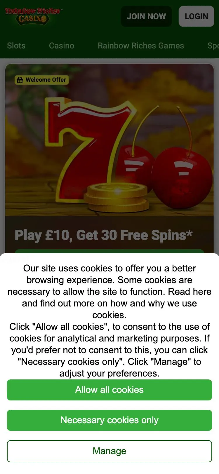 Rainbow Riches Casino home page on mobile