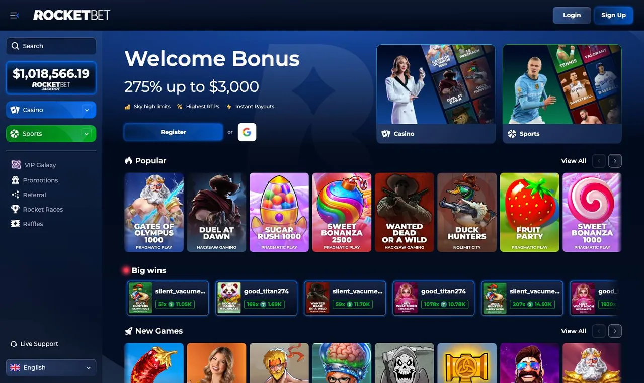 Rocketbet home page on desktop