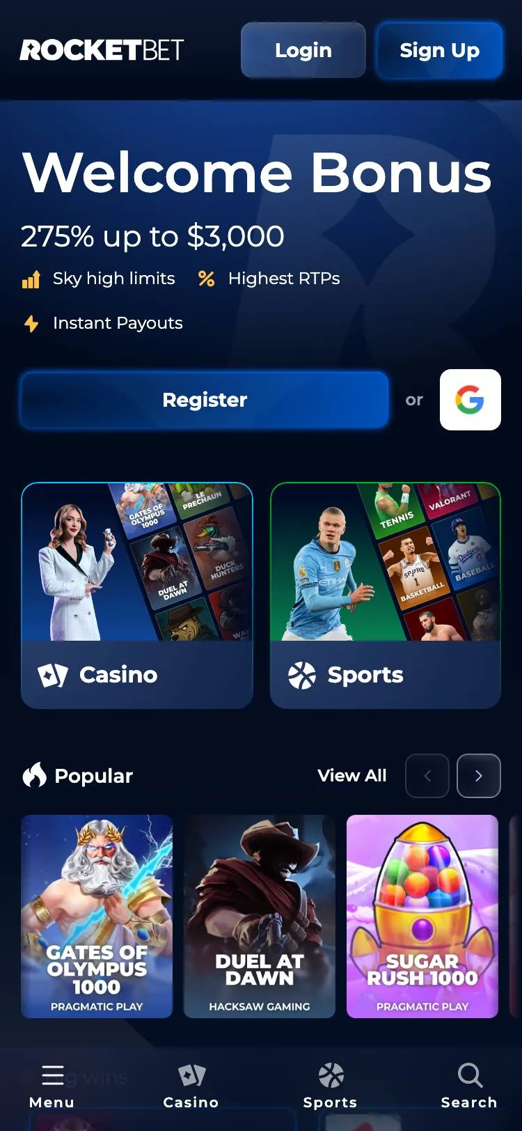 Rocketbet home page on mobile