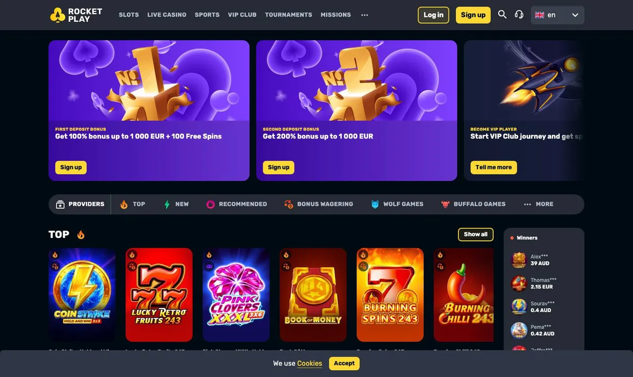RocketPlay home page on desktop