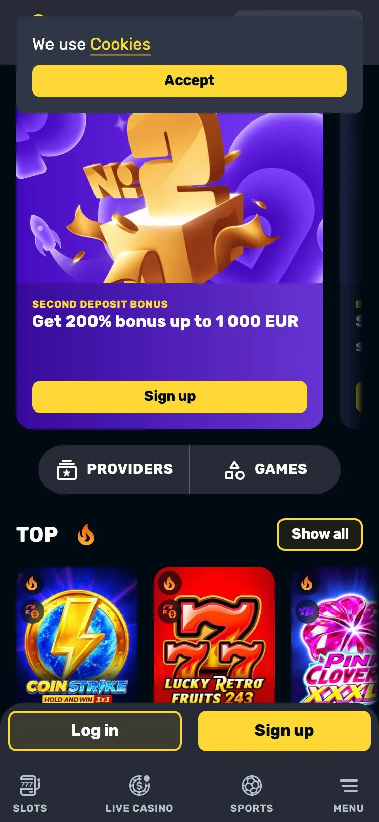 RocketPlay home page on mobile