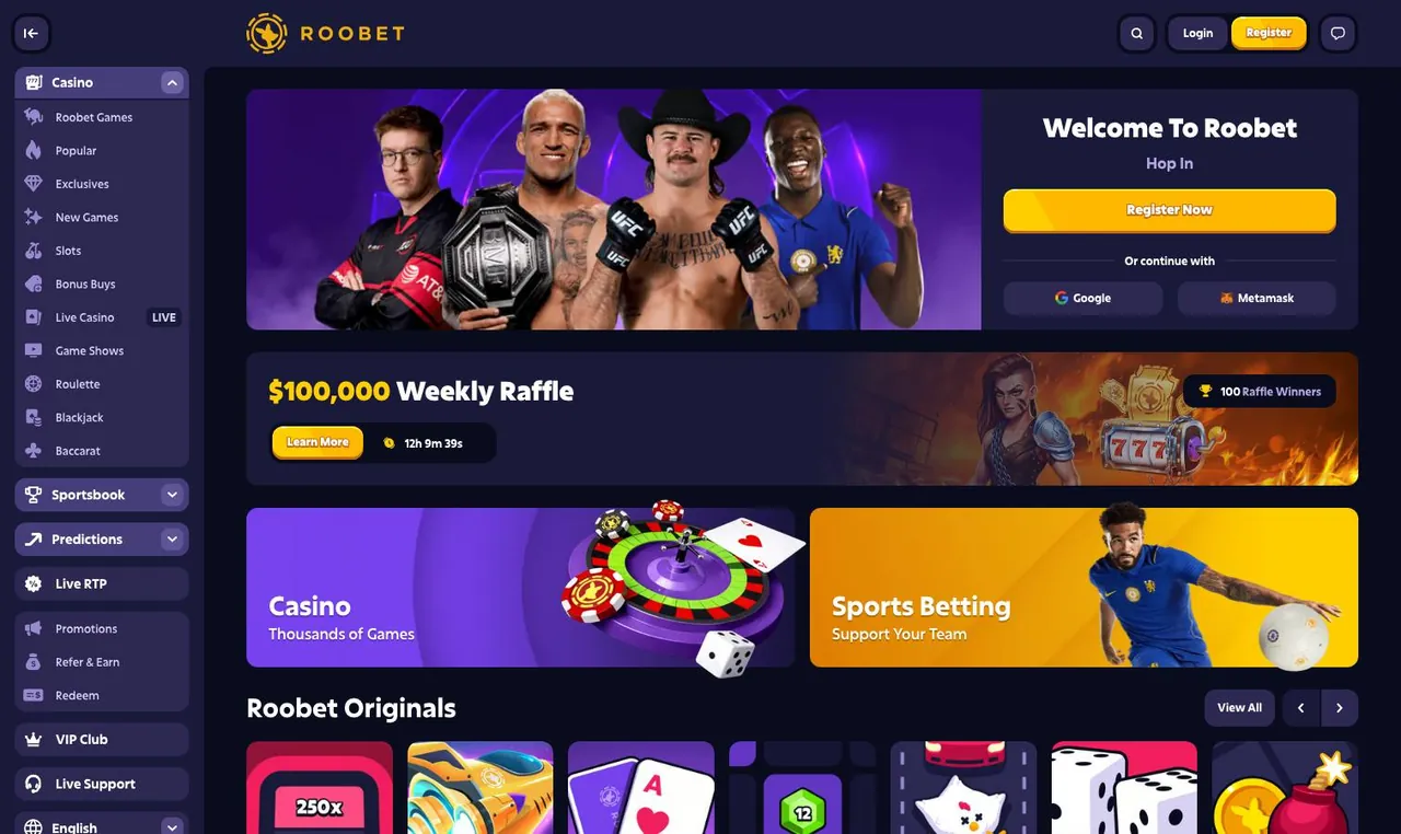 Roobet home page on desktop