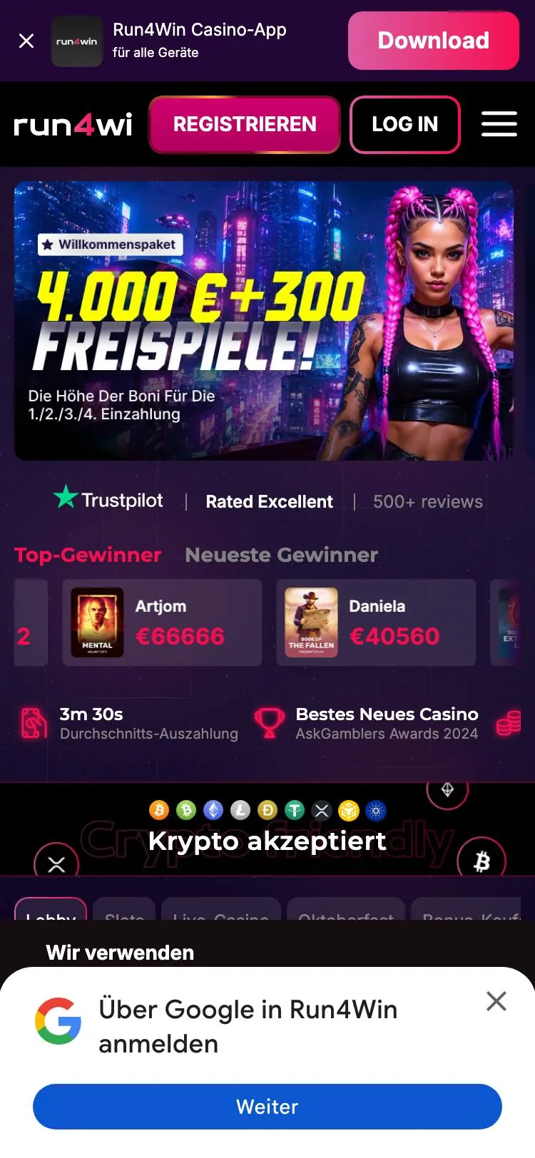 Run4Win home page on mobile
