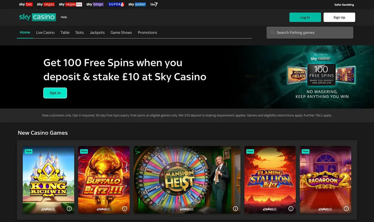 Sky Casino home page on desktop