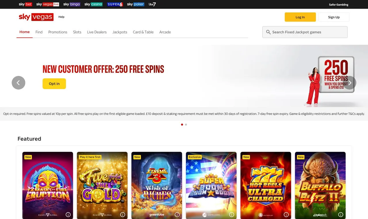 Sky Vegas home page on desktop
