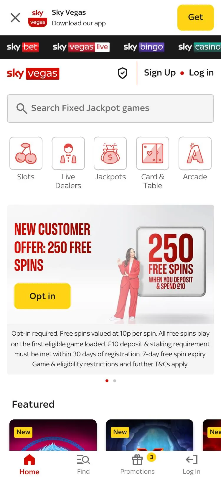 Sky Vegas home page on mobile