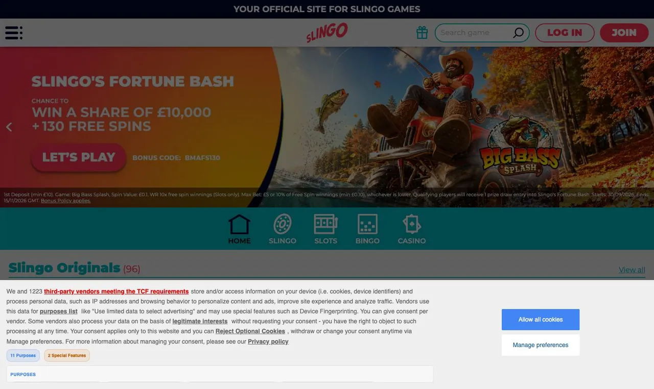 Slingo home page on desktop