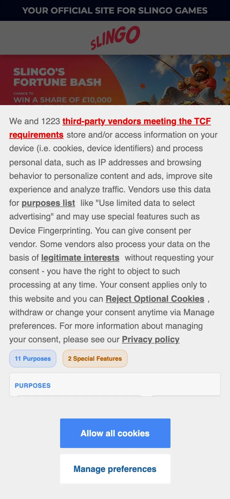 Slingo home page on mobile