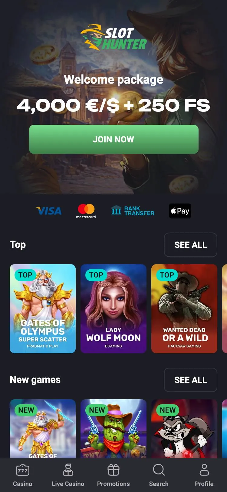 SlotHunter home page on mobile