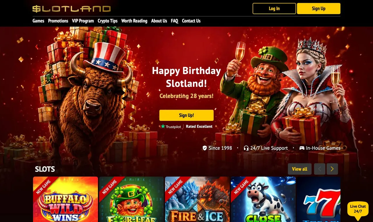 Slotland home page on desktop